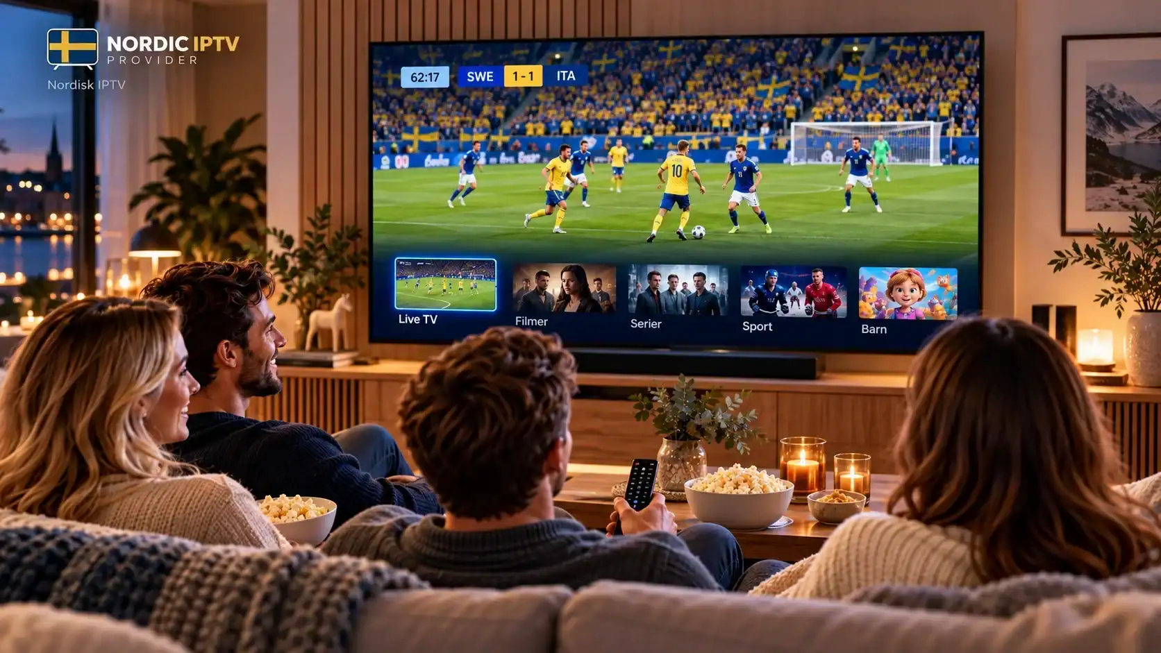 Nordisk IPTV på stor Smart TV med svensk fotboll, film och serier i ett nordiskt vardagsrum